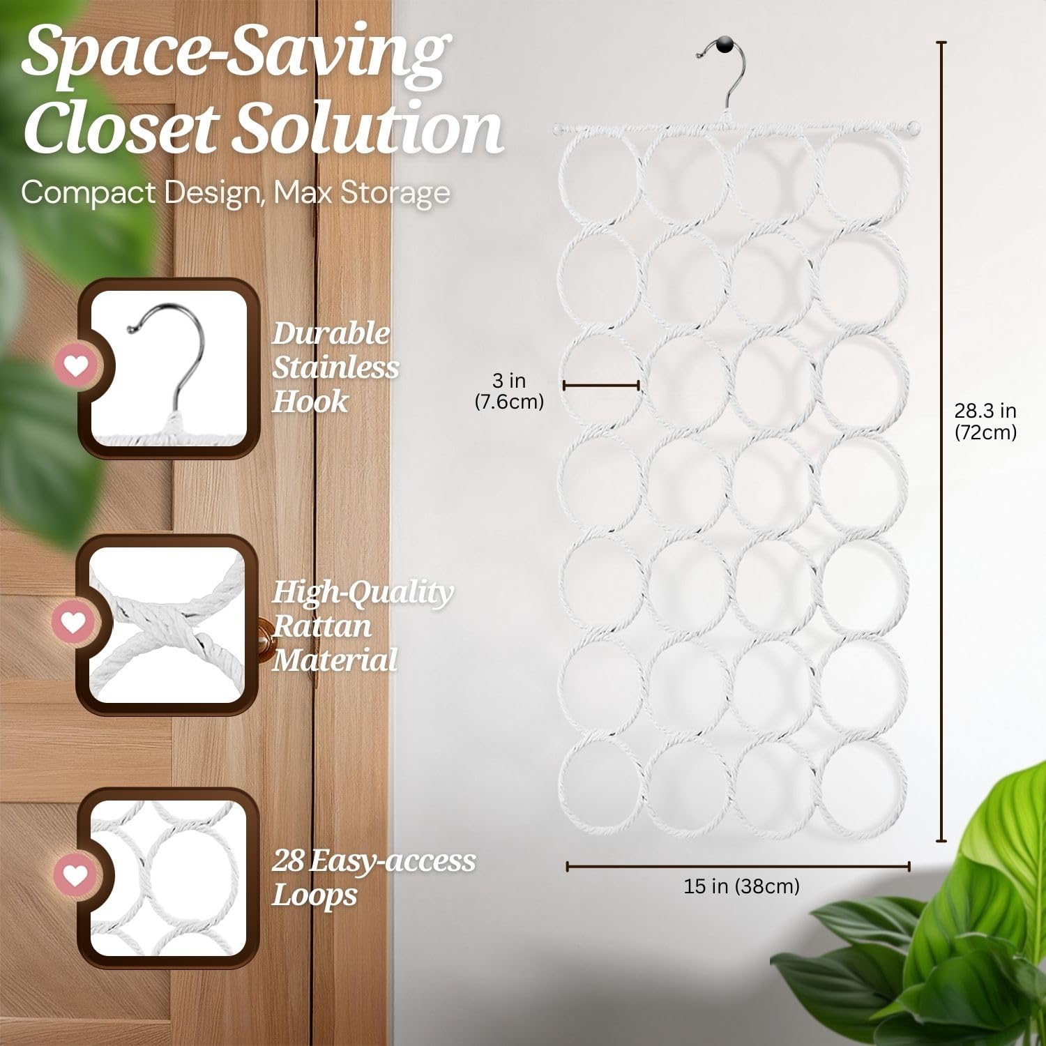 Flexzion Appendiabiti per Sciarpe Hanger - 28 Cerchi/Spazi Attaccapanni Organizer Multifunzionale Anello in Rattan Armadio Grucce Porta Abiti Design Accessori Cravatte Cinture Casa (Bianco)