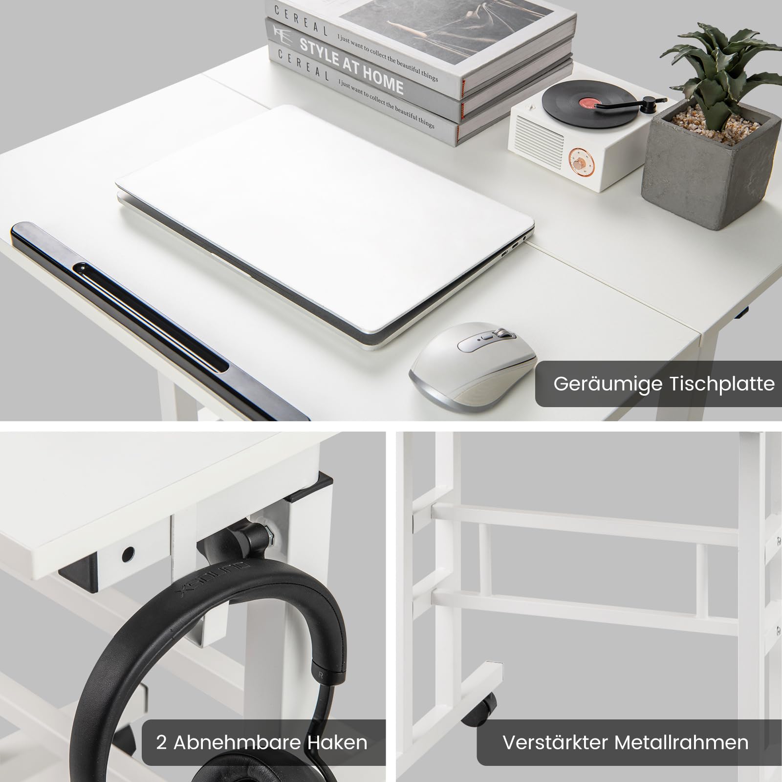 COSTWAY Stehpult Höhenverstellbar, mobiler Computertisch mit Rollen, neigbarer Tischplatte & 2 Haken, Schreibtisch, Steh-Sitz-Tisch, Laptoptisch für Zuhause, Büro (Weiß)