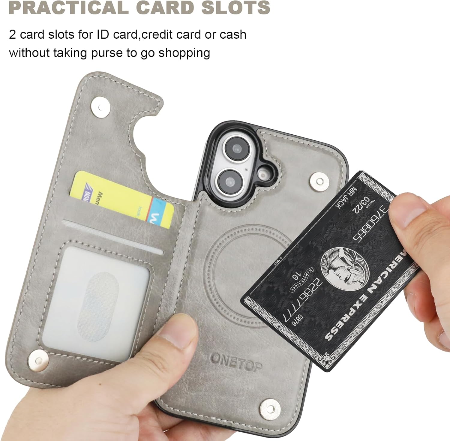 ONETOP Compatible with Magsafe for iPhone 16 Wallet Case with Card Holder, PU Leather Kickstand RFID Blocking Case, Double Magnetic Clasp and Durable Shockproof Cover 6.1 Inch (Grey)