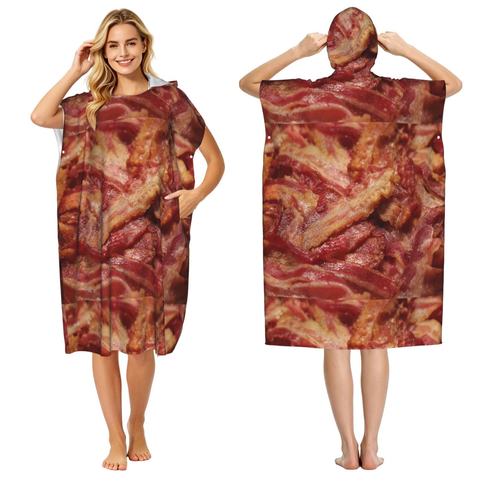Poadnly Delicious Bacon Background, Adult Hooded Beach Towel 90 x 110 cm,Changing Bath Robe, Surf Poncho Towel For Women Men