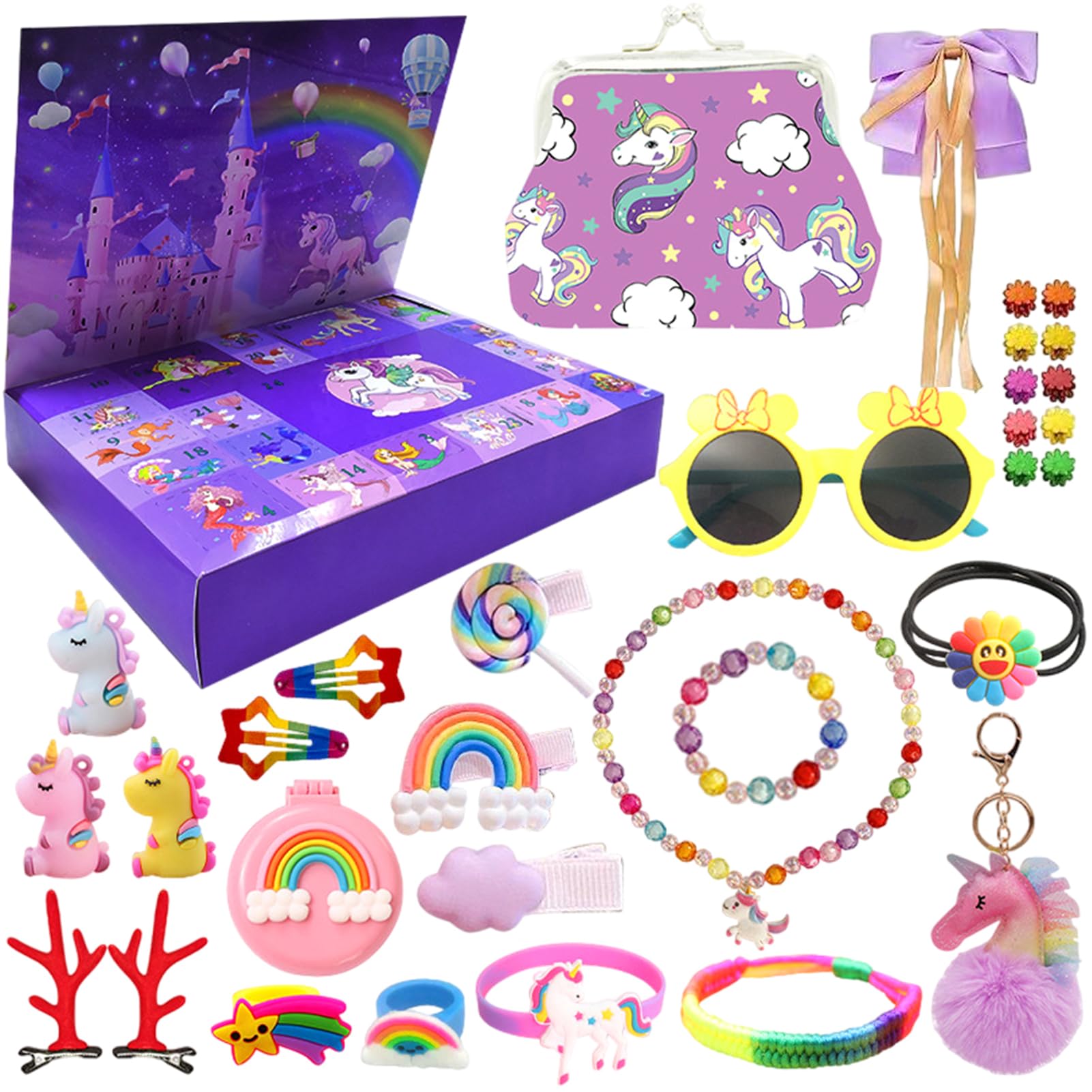 Moerstar Advent Calendar 2025 for Girls Kids Unicorn Christmas Countdown Calendar with Hair Accessories Jewelry Set Bracelets Keychains Glasses Unicorn Bag for Girls Christmas Gifts