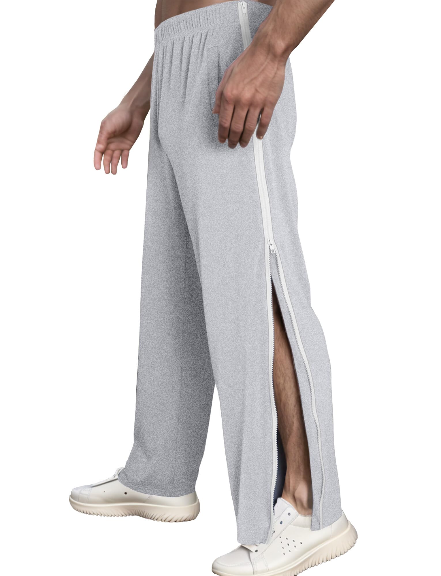 FEOYA Pantalones de chándal para hombre, con cremallera lateral, apertura completa, para gimnasio, deportes, postoperatoria, pantalones de descanso con bolsillos, gris claro, XL