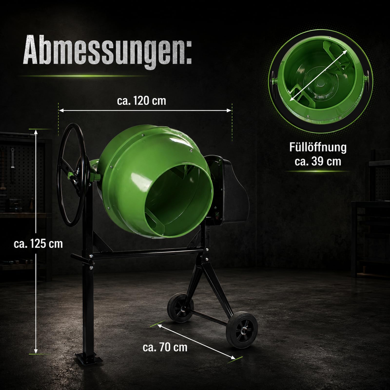 TRUTZHOLM Betonmischer mit 140 Litern Fassungsvermögen 550 Watt Drehzahl 30 U/Min, langlebig, robust, Zahnräder aus Guss, Zementmischer für Beton, Mörtel, Gips, Saat