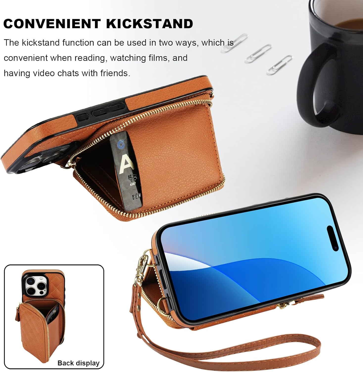 Bocasal Crossbody Wallet Case for iPhone 16 Pro, RFID Blocking PU Leather Zipper Handbag Purse Flip Cover, Kickstand Folio Case with Card Slots Holder Wrist Strap Lanyard 5G 6.3 Inch (Brown) - Image 6