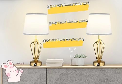 Miniatura 6 de Juego de 2 lámparas de mesa táctiles, lámpara de mesita de noche con puertos USB, lámpara de escritorio con atenuador táctil de 3 vías para sala de