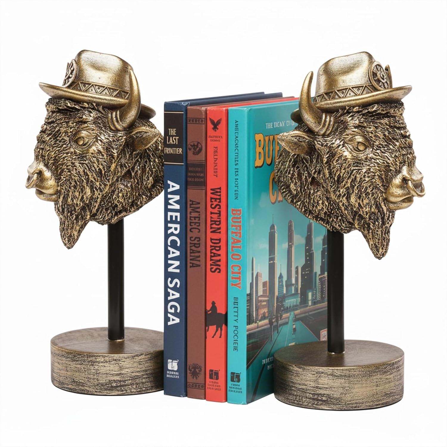 Vintage Golden Bison Bookends,Resin Book Ends for Shelves,Heavy Duty Decorative Bookends,Creative Book Stopper Holder Decor for Desk Home Office,Shelf Decoration,Gifts for Mother's Day