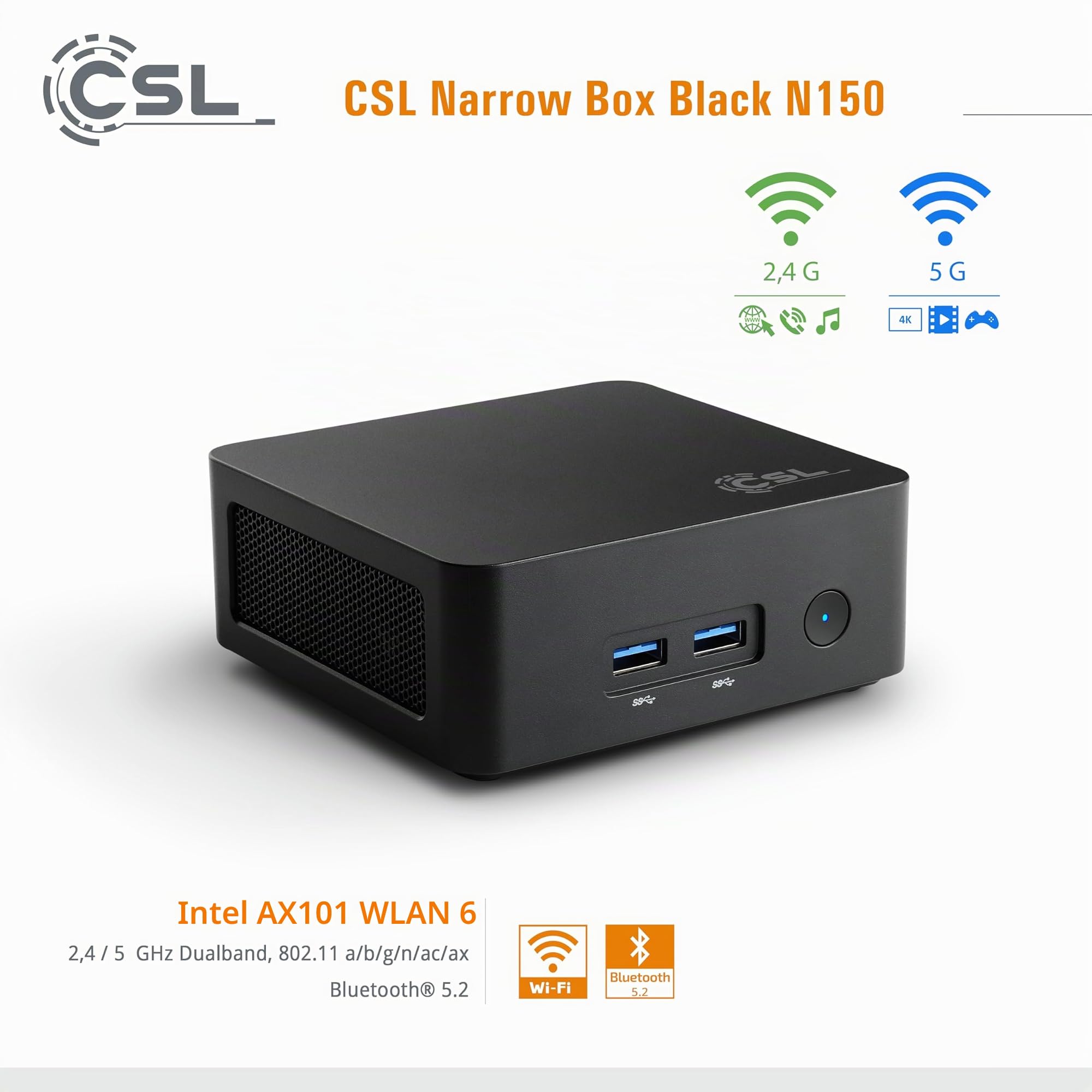 Mini PC CSL Narrow Box Black Windows 11 Home, Intel N150 4X 3600 MHz Turbotakt, 500 GB M.2 SSD, 16 GB DDR4-RAM, Intel UHD Grafik, HDMI 2, USB 3.2, BT 5.2, AX WLAN