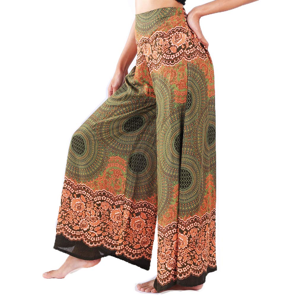 Lofbaz Women's Rose 1 Green Wide Leg Palazzo Pants Yoga Lounge Hippie Harem Flowy Trousers Petite Summer Hippy Comfy Travel Belly Dance Slacks - S
