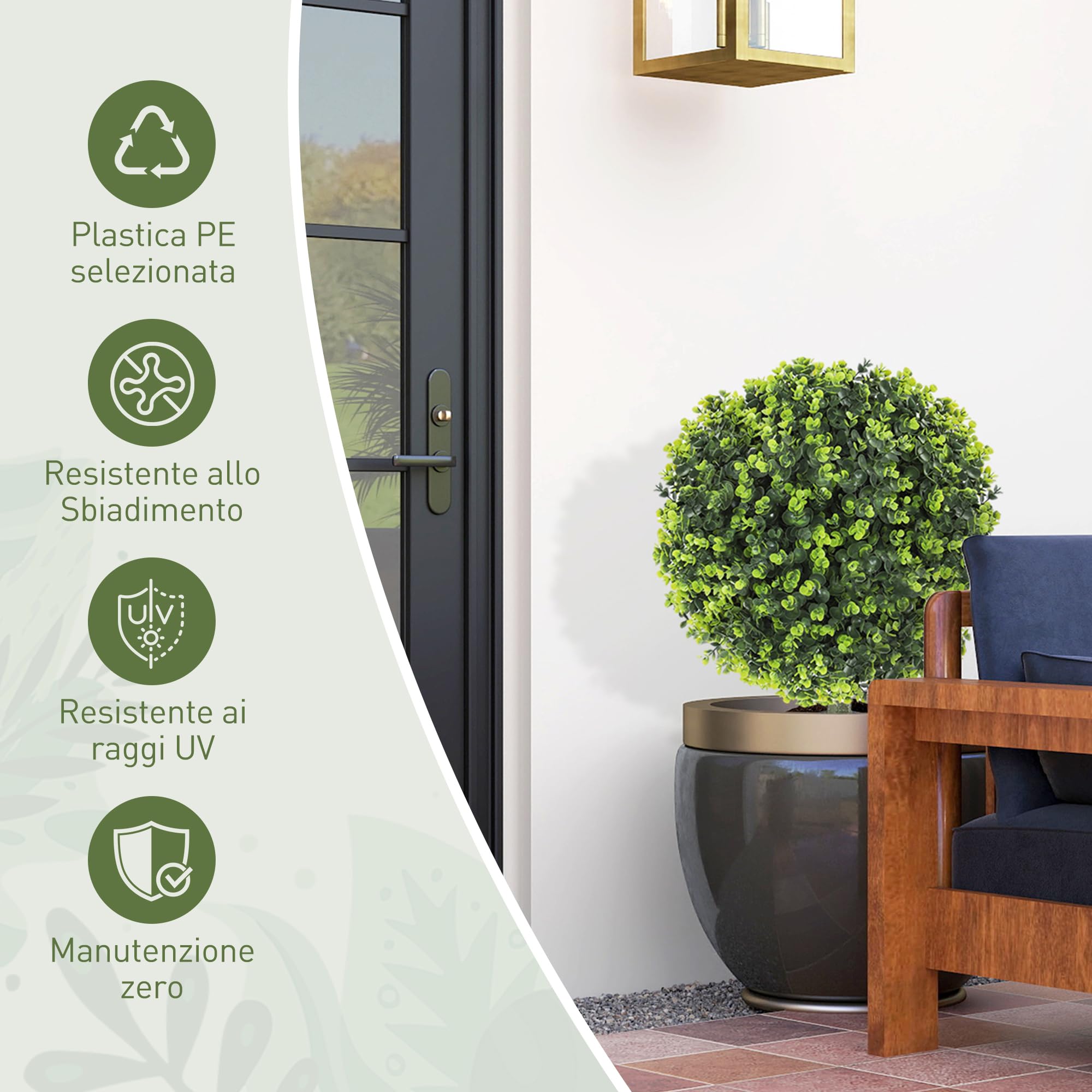HOMCOM Set di 2 Piante Artificiali Sfera di Bosso da 40 cm con Picchetto, Piante Finti Decorativa da Interni ed Esterni, Resistenti ai Raggi UV, per Giardino e Portico, Verde