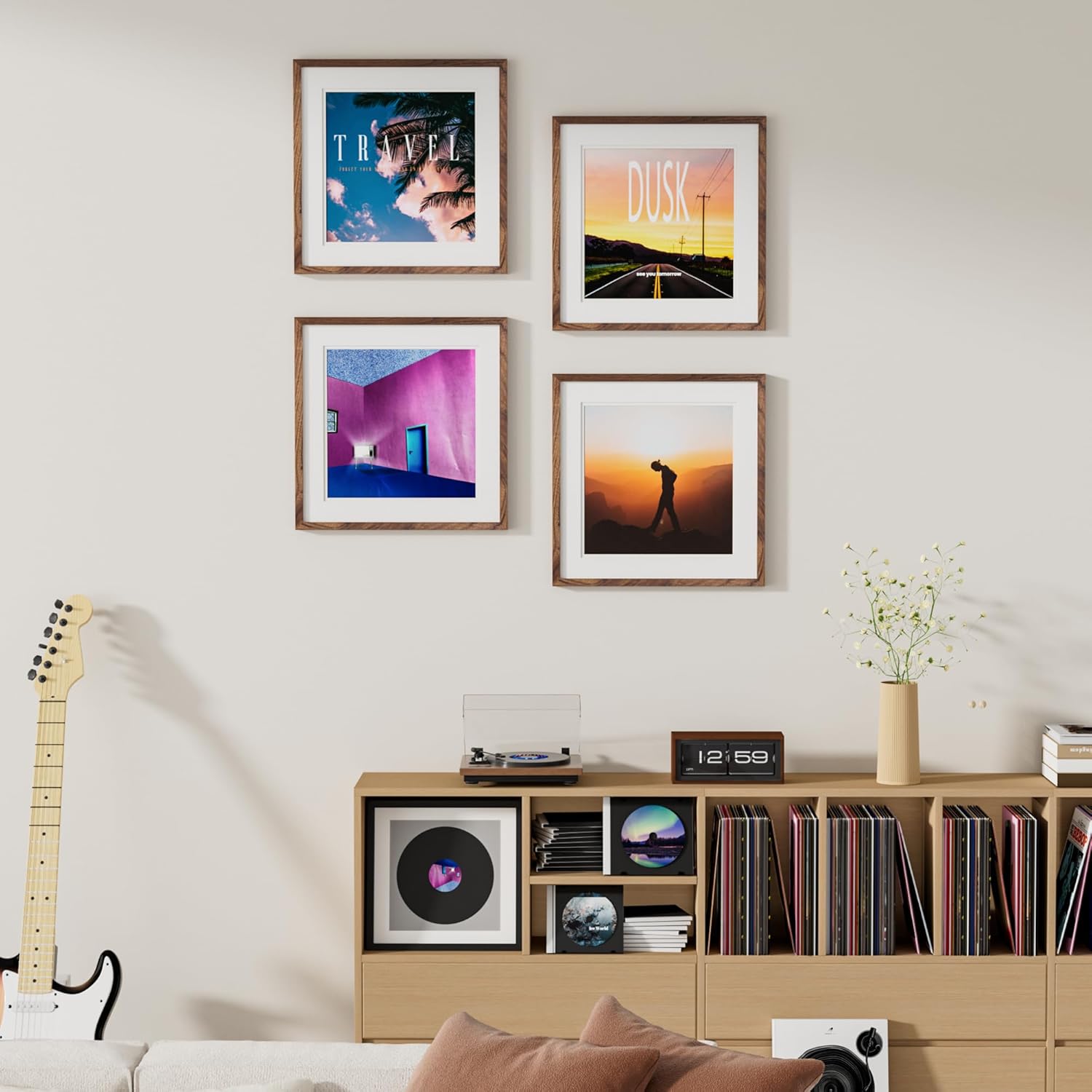 Vinyl Record Frame Natural Walnut Wood 16 X 16 Inches with White Mat, for 12.5" x 12.5" LP Record Album Display, Shatter-Resistant Tempered Glass Cover and Wall Hanging Hardware