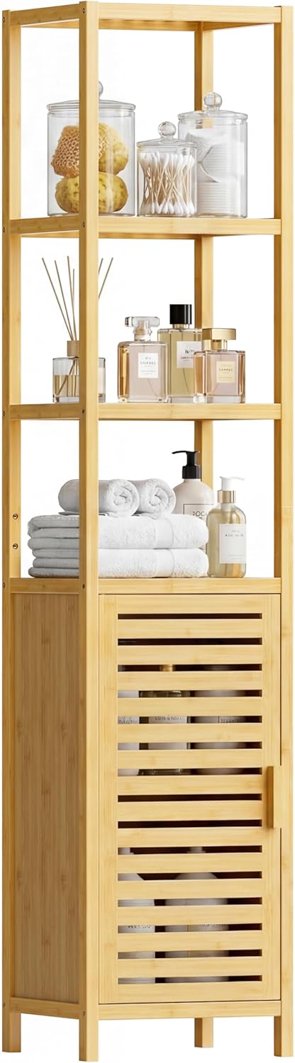 HITNET Bathroom Floor Cabinet, 6 Tier Tall Thin Linen Tower Storage Cabinet Free Standing Bamboo, Kitchen Side Organizer with 3 Shelves and Cupboard, Natural : Home  Kitchen