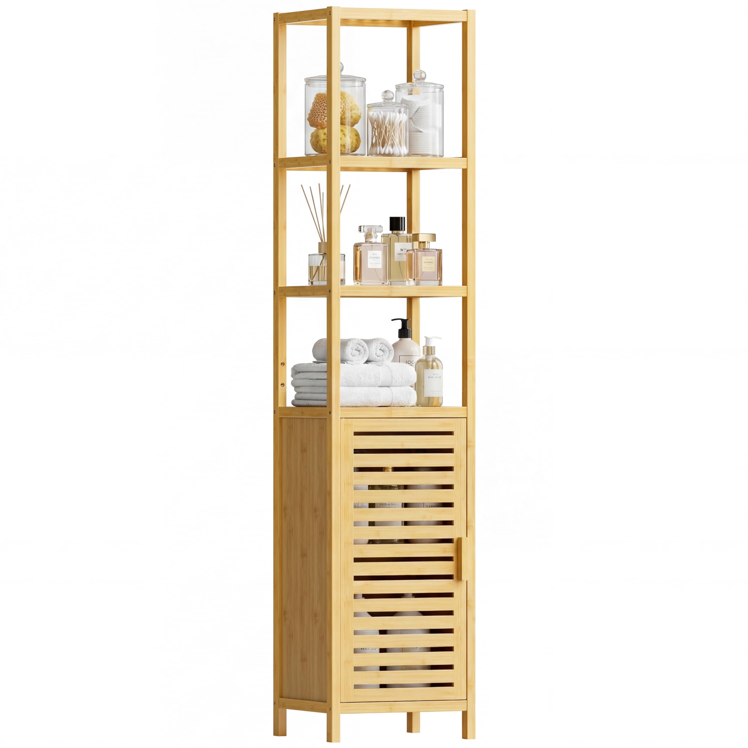 HITNET Bathroom Floor Cabinet, 6 Tier Tall Thin Linen Tower Storage Cabinet Free Standing Bamboo, Kitchen Side Organizer with 3 Shelves and Cupboard,