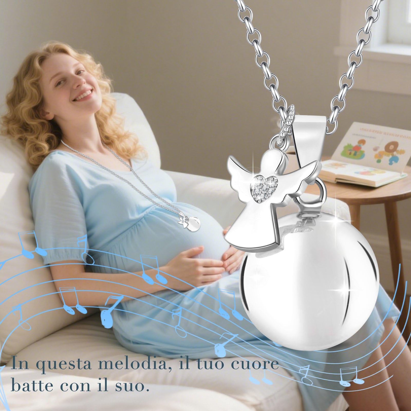 Richiamo Dell'Angelo Collar Per Donna In Gravidanza, Lunghezza 110 Cm Collana In Argento 925 Donna Con Sferico Pendentivo, Regali Perfutura Mamma, Amica, Sorella