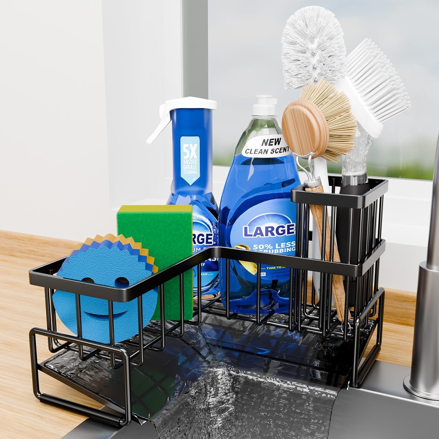 ZAODECR Large Sponge Holder for Kitchen Sink, 90-Degree Sink Caddy Organizer with Dish Brush Holder for Countertop Corner Storage Rack, Metal L-Shaped Kitchen Sink Sponge Soap Organizer Storage Ideas