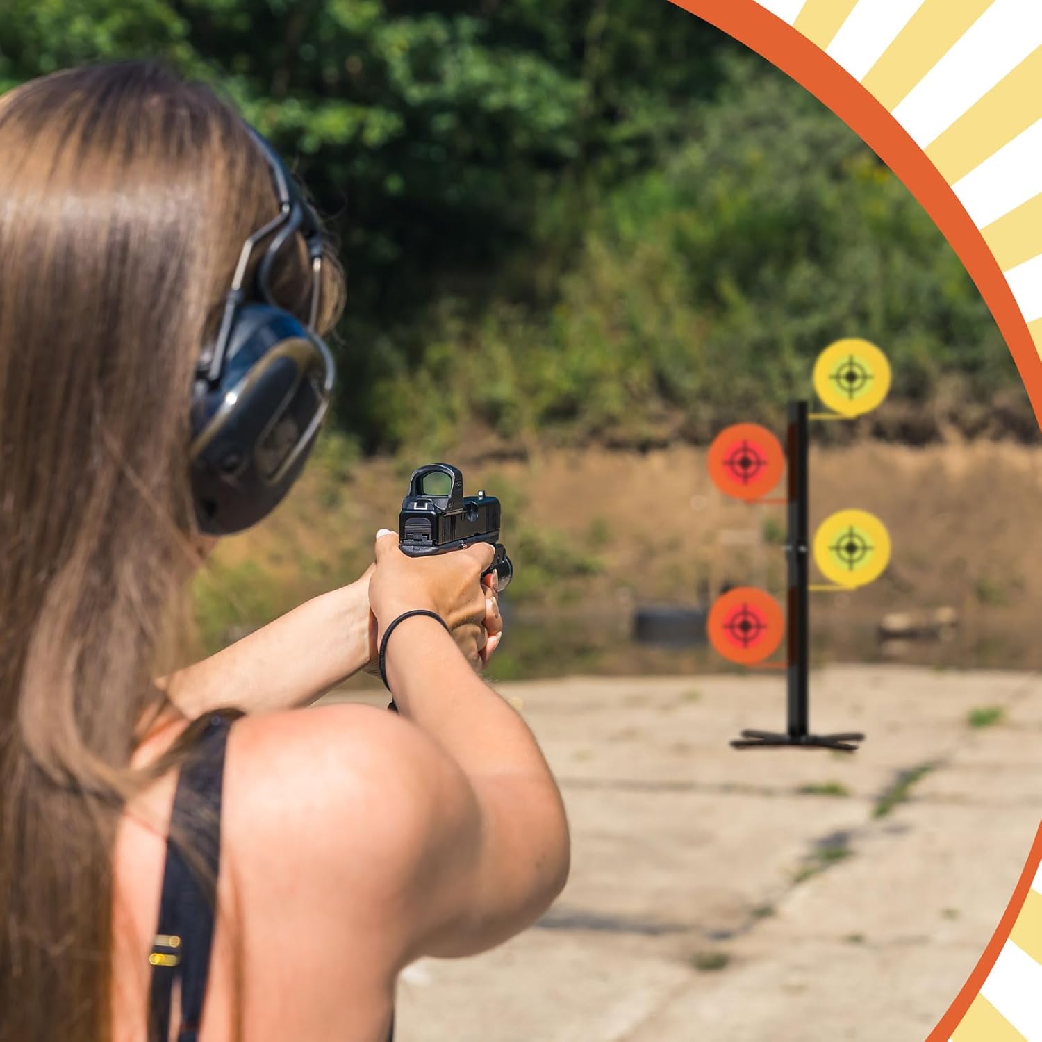 Dueling Tree Target Kit 4 Heavy Duty in 6" or 4" Diameter 3/8" Thickness Ar500 Rotate Swing Paddle Shooting Bracket with 20 Bullseye Paper for.22 Rimfire Centerfire Pistols Shooting Training