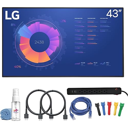 LG UM5N-E Series 43" UHD 4K Commercial Monitor | 3840×2160 Resolution, IPS Panel, Slim Bezel Design & Continuous Operation | Great for Signage & Business Displays + 2X HDMI Cable + Cable Ties + More