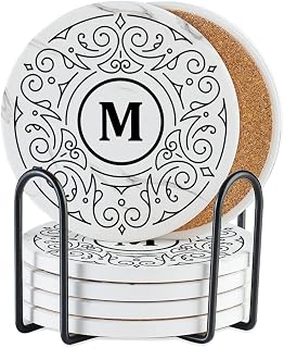Onebttl Monogrammed Coaster Gifts Set of 6, Initial Letter, Ceramic, Absorbent with Cork Base, Home Decor for Family, Housewarming, Thanksgiving, Friends, Birthday, Christmas - M