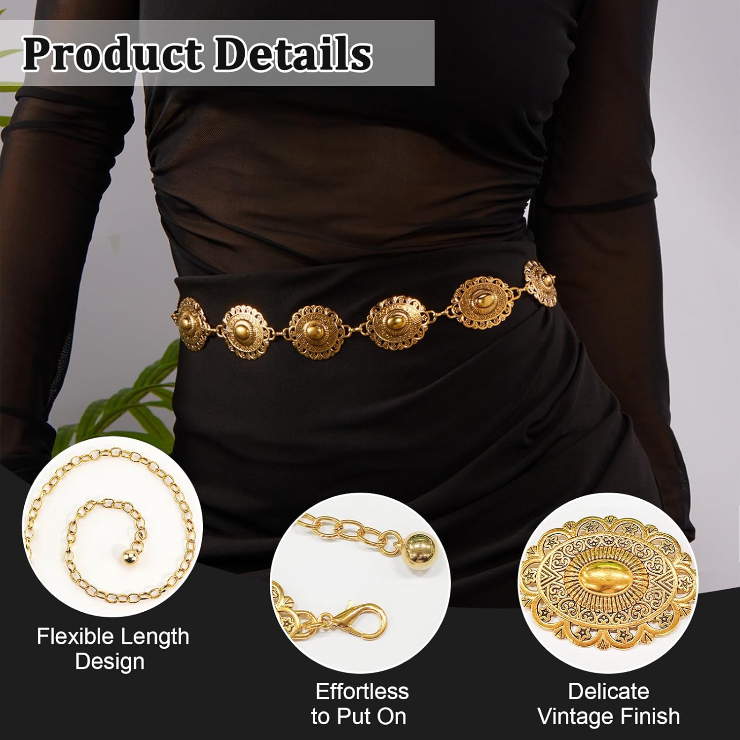 Western Concho Chain Belt for Women, Adjustable Boho Metal Waist Chain Cowgirl Vintage Belt for Dresses Jeans Country Concert Outfit - Image 4