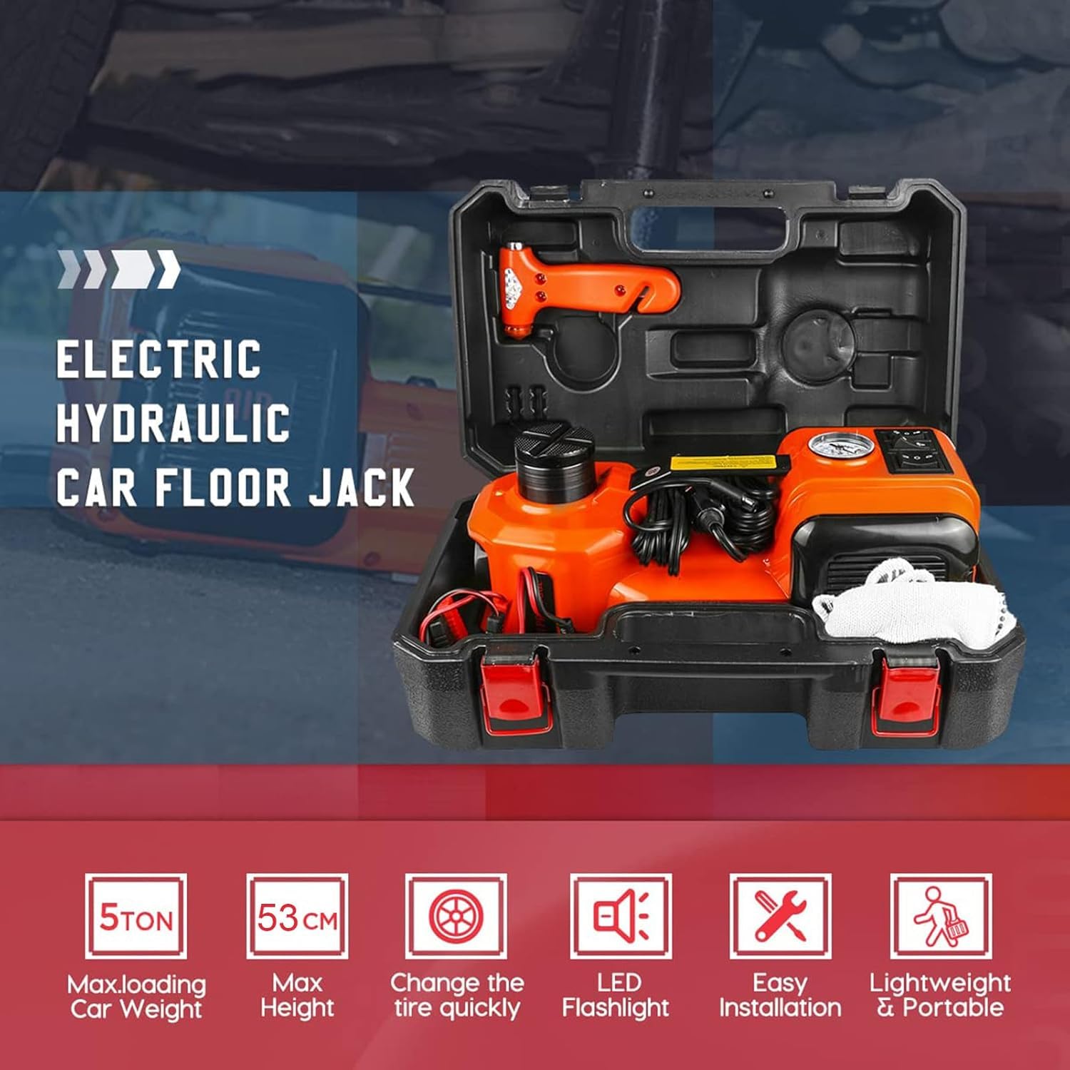Zestaw podnośnika samochodowego elektrycznego o udźwigu 5 ton – hydrauliczny z podwójnym zasilaniem, oświetleniem LED i sprężarką powietrza – idealny do awaryjnej wymiany opon (53cm)