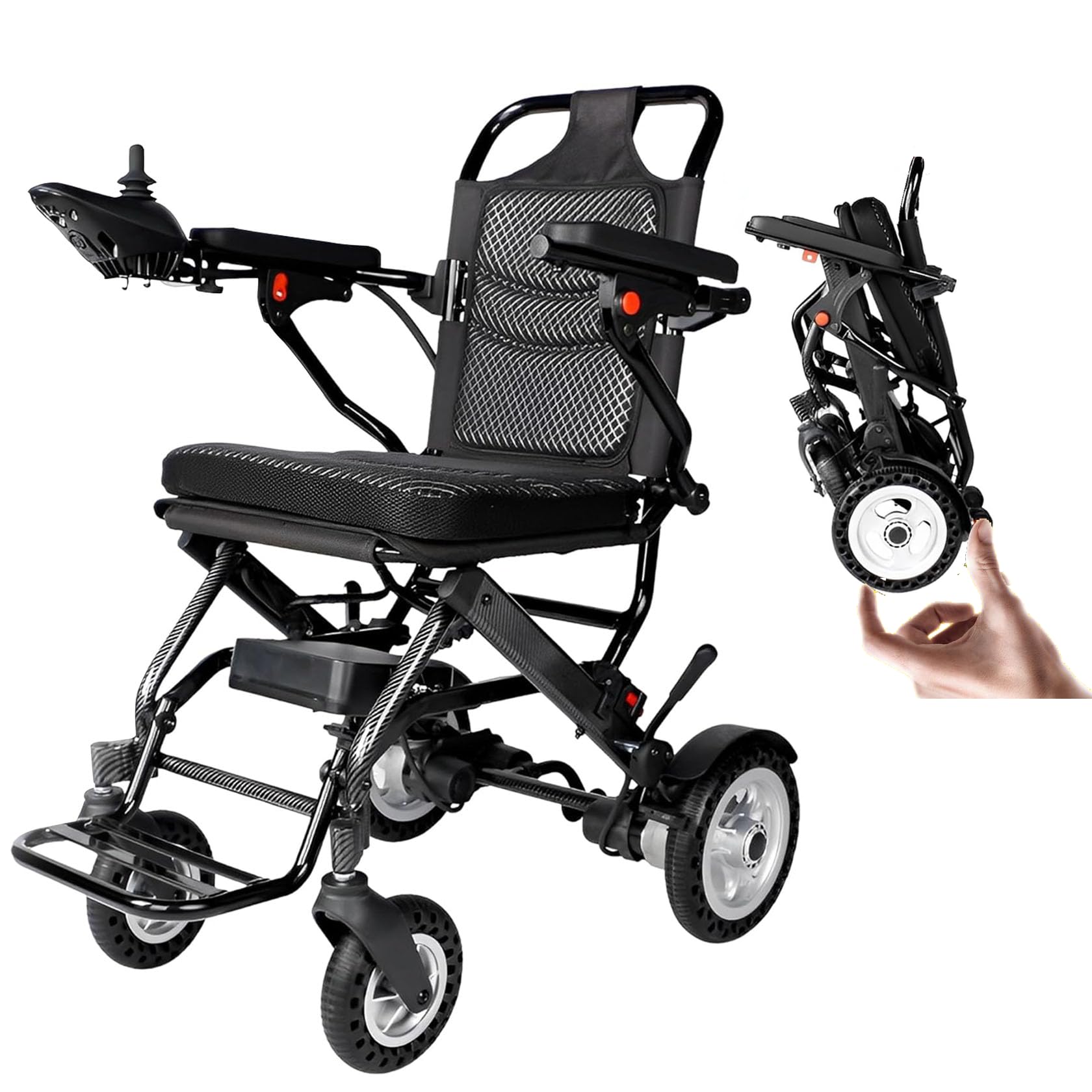 Silla de ruedas eléctrica, marco de aluminio ultraligero, almohadilla suave extraíble, todo terreno, diseño plegable para viajes y uso diario