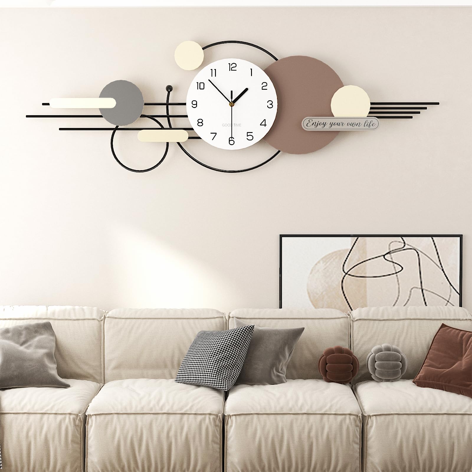 Modern Große Wanduhr Minimalistisch Kreativer Luxus Dekorative Wanduhren Leise ohne tickgeräusche Metallrahmen+Holz Zifferblatt Quarzuhr für Wohnzimmer Schlafzimmer Büro Küche, 120 * 38 cm