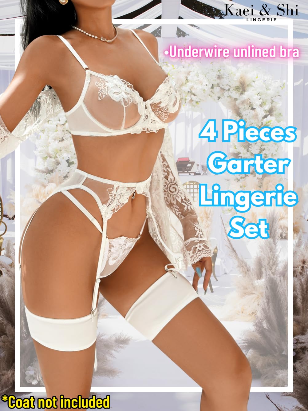 Kaei&Shi Floral Embroidered Garter Belt Set,Sheer Lingerie Sets for Women Sexy,Wedding Night Valentines Boudoir Outfits: White 8-10