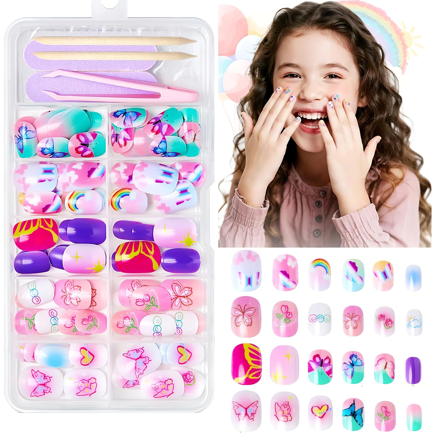 120Pcs Fun Butterfly Design Fake Nails for Girls with Nail File & Sticky Tabs Safety Material | Easy Application | Waterproof | Easy Peel-Off | for Parties | Ages 6-12 | 120 Pieces-image-6