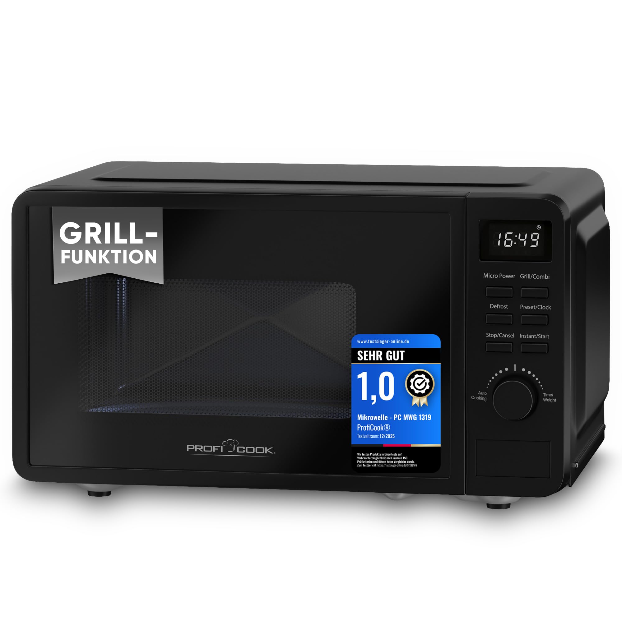 ProfiCook® Mikrowelle mit Grill | 800 Watt Grill | 20L | 8 Automatikprogramme | Timer | inkl. Drehteller und Grillrost | Uhrzeitanzeige | Microwellengerät | PC MWG 1319