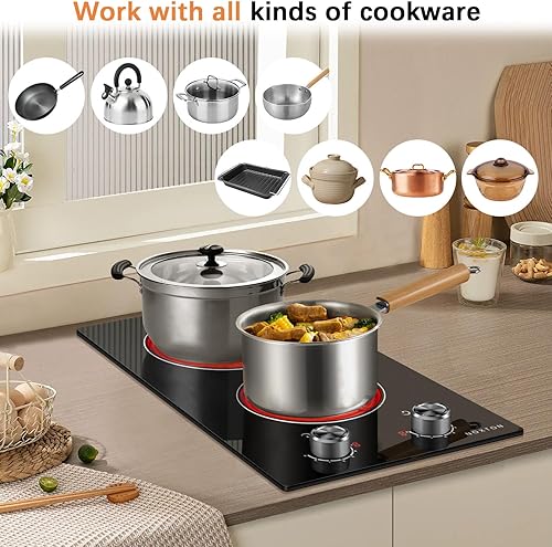 Miniatura 6 de Noxton Placa de cocina eléctrica de 110 V, 2 quemadores, estufa eléctrica enchufable de 12 pulgadas, uso integrado o sobre el mostrador, 9 niveles