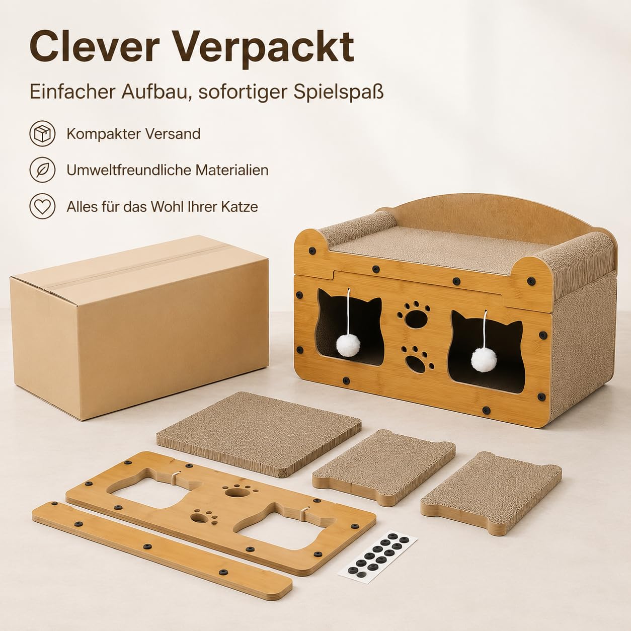Kratzbaum Kratzfläche Katzenbett Spielzeug Wellpappe Stoff Funktion für Katzen Haustierbereich Wohnung Büro, Doppelschicht mit Doppeltür, 51 x 27 x 30 cm
