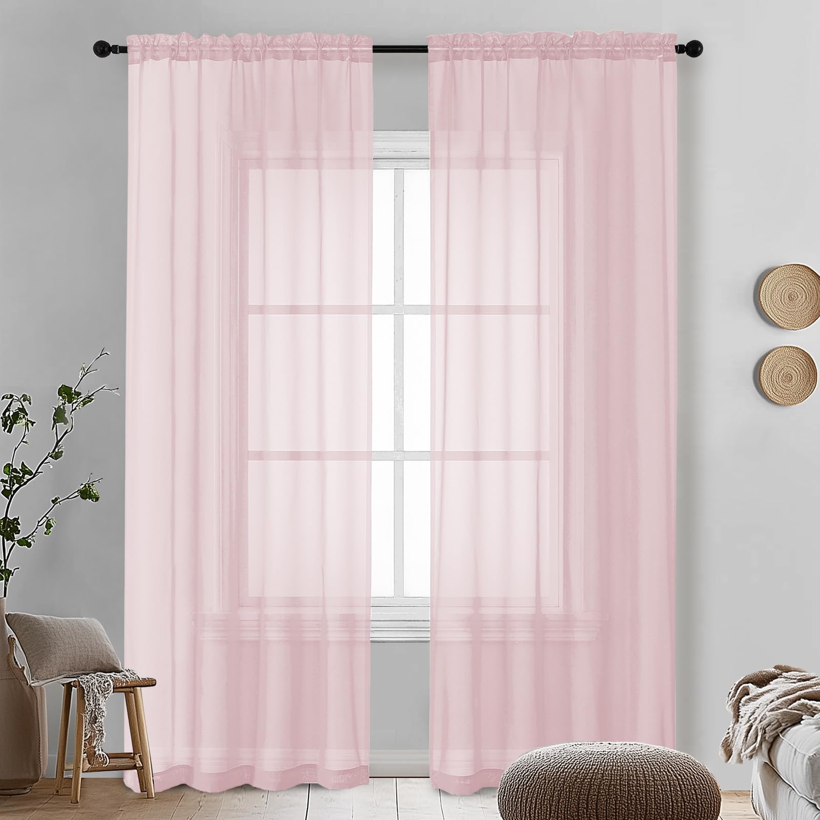 OVZME Blush Pink Sheer Curtains 90 Inches Long 2 Panels - Soft Light Filtering Window Sheer Panels for Living Room/Bedroom, Top Dual Rod Pocket, 1 Pair, Each 42Wx90L Inches — image 1