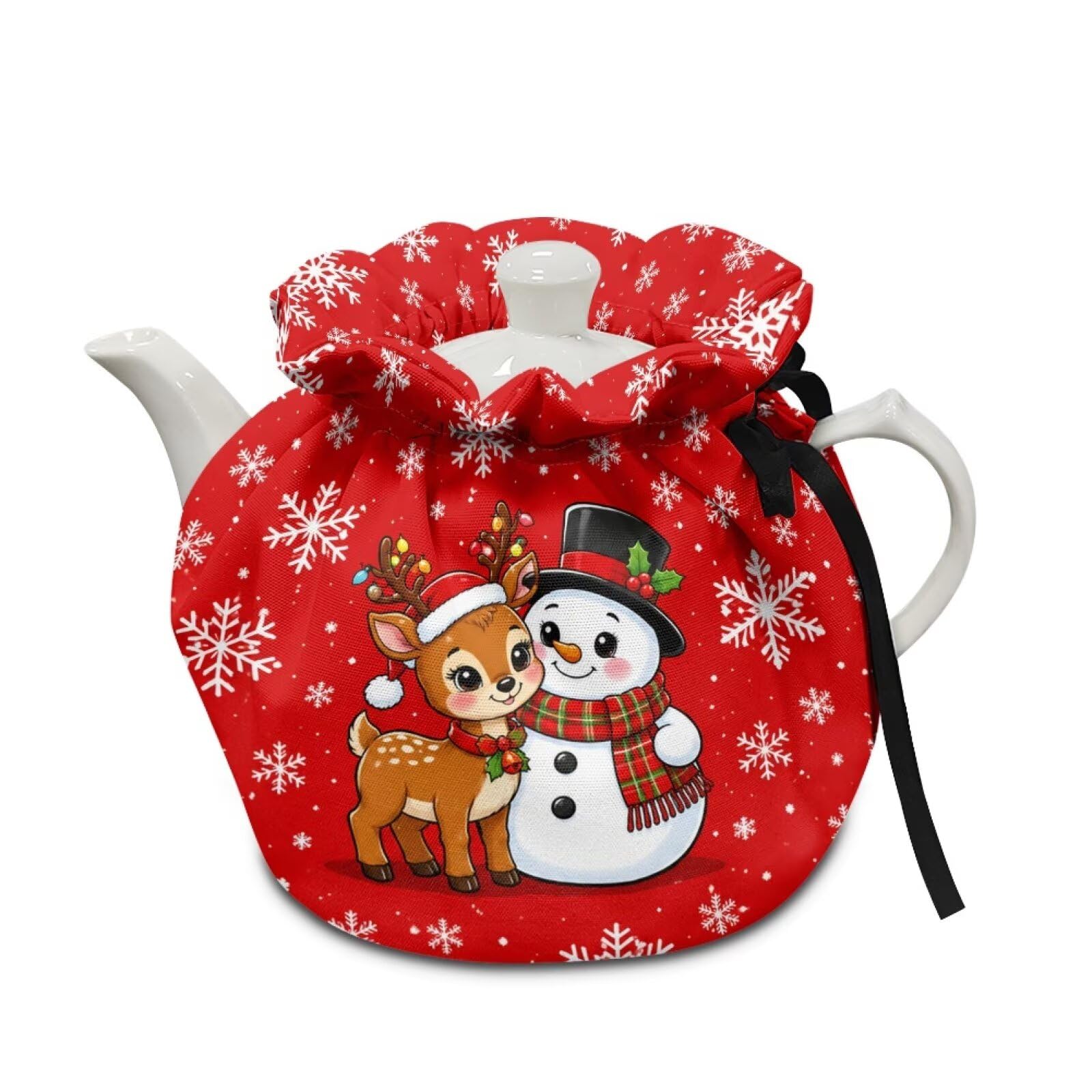 Poceacles Christmas Decor Teapot Insulation Cover Tea Kettle Cover Tea Cosy Kitchen Teapot Cloth Decorative Teapot Cosy Teakettle Tote Bag, Snowman Reindeer Snowflake Red