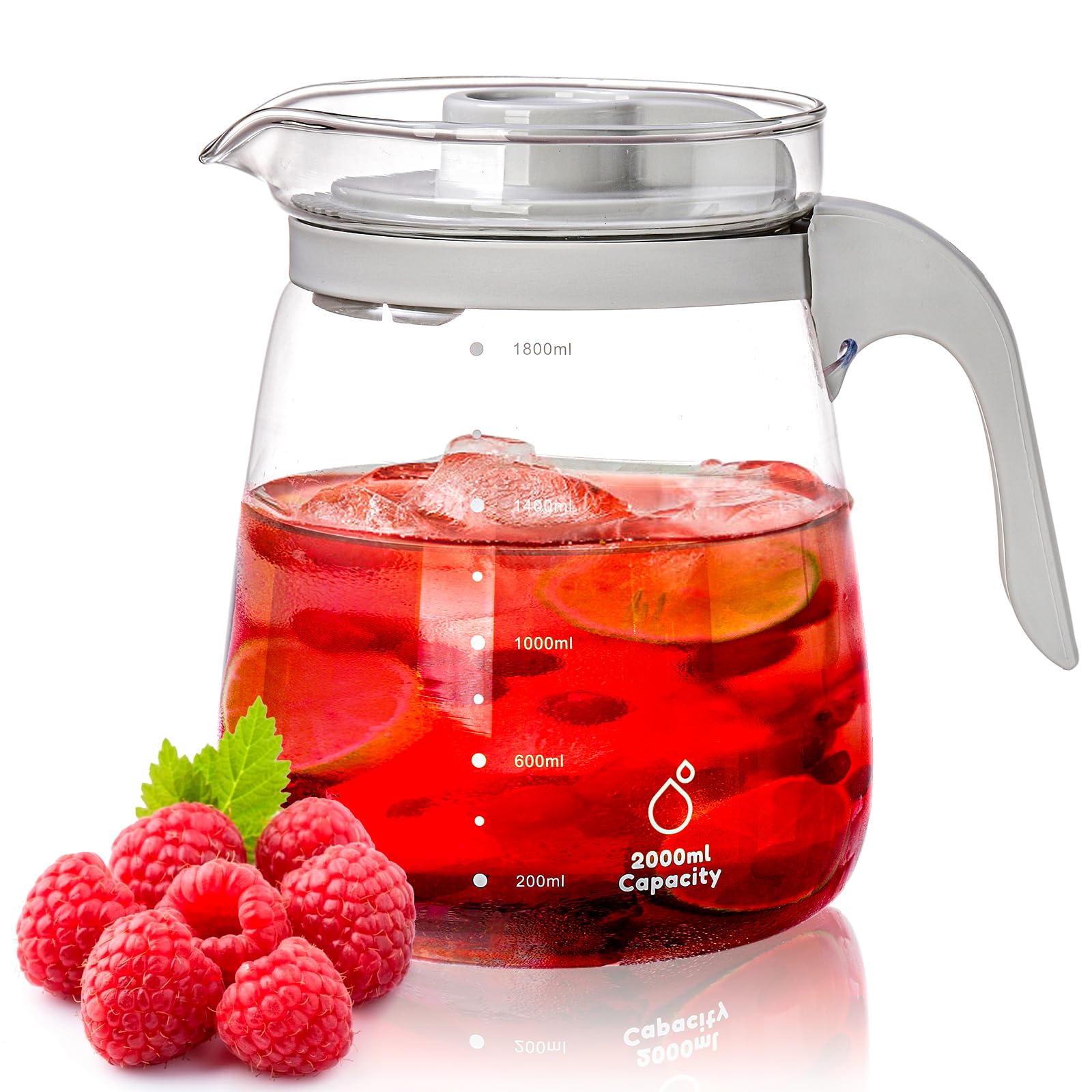 WRINGKIT Glass Water Pitcher, 1.8L / 64 Oz Iced Tea Pitcher Carafe with Lid, Half Gallon Heat Resistant Juice Jug with Precise Scale Line, Great for Sun Tea, Lemonade, Iced Coffee, Milk