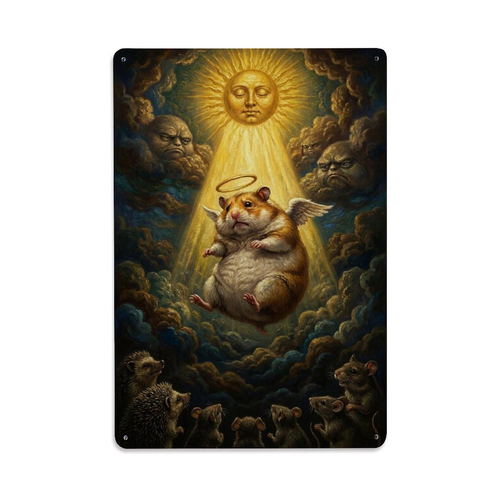 Hamster Angel Surreal Vintage Animal Halo Satire Culture Metal Tin Sign Plaque Wall Decor for Cafe, Man Cave, Club Bar, Office, Home Garden Round Metal Poster 8x12Inch