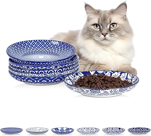 Selamica Cuencos de cerámica para gatos, 6 pulgadas de ancho, cuencos poco profundos para aliviar la fatiga de los bigotes, juego de 6, color azul