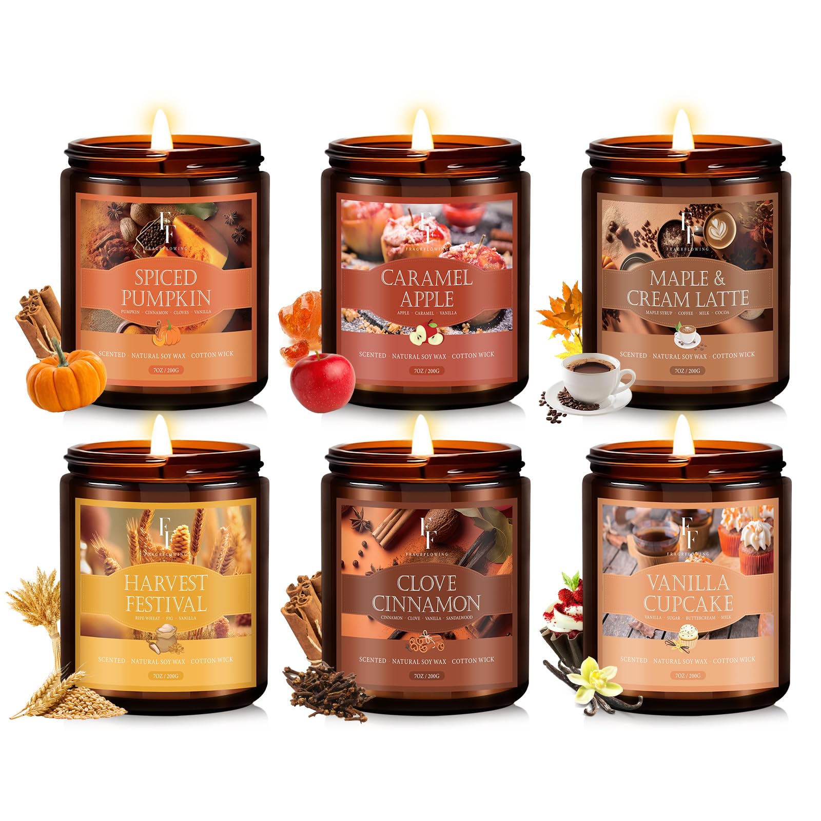 Fall Candles Set, 6 Pack Candles for Home Scented Natural Soy Wax, Autumn Gifts Set for Women Men, Fall Fragrance of Pumpkin/Cinnamon/Vanilla Cupcake/Apple/Harvest/Latte
