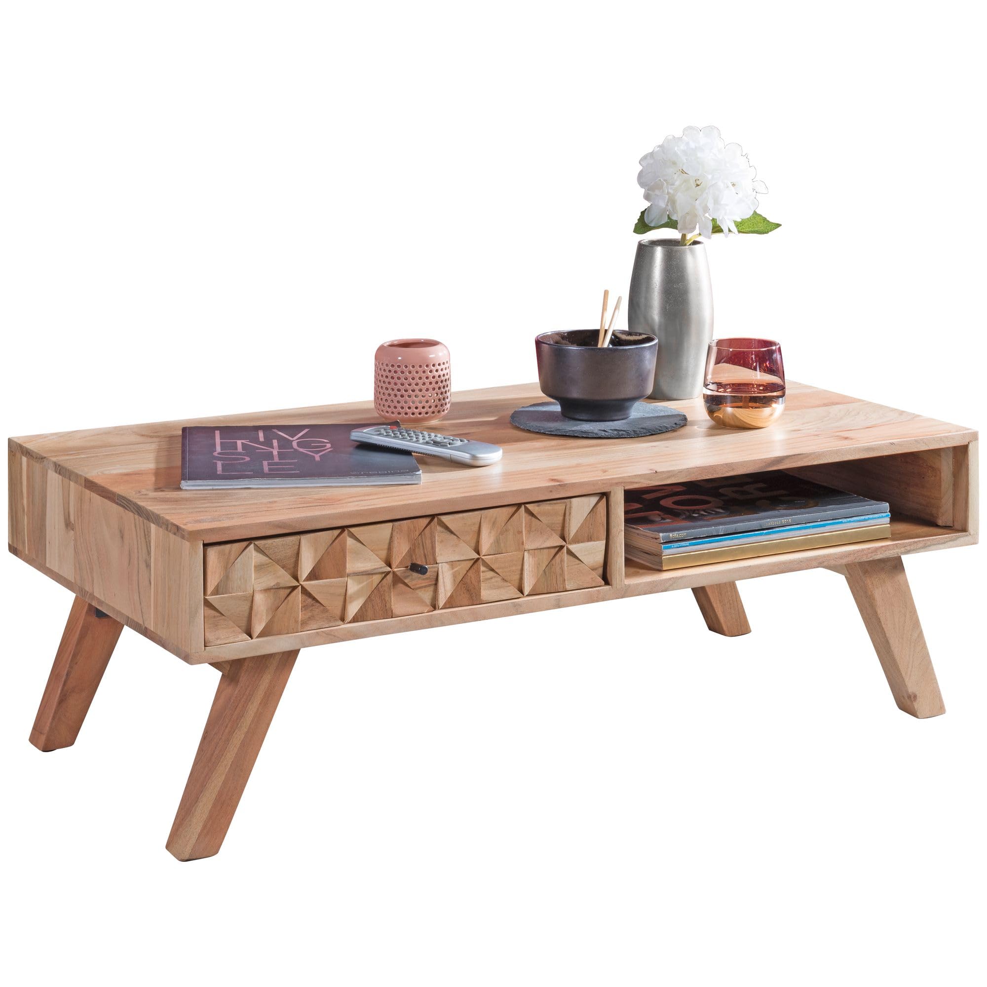 FineBuy Couchtisch 95x50x35 cm Akazie Massivholz mit Schublade | Wohnzimmertisch mit 3D-Front und Ablagefach, Sofatisch im Landhausstil, Echtholz handgefertigt, Unikat
