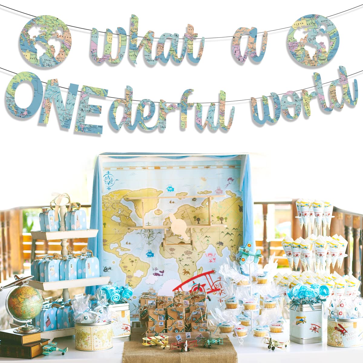 What A Onederful World Geburtstagsbanner – Vorgefädeltes Reise-Thema Für 1. Geburtstag (Jungen)