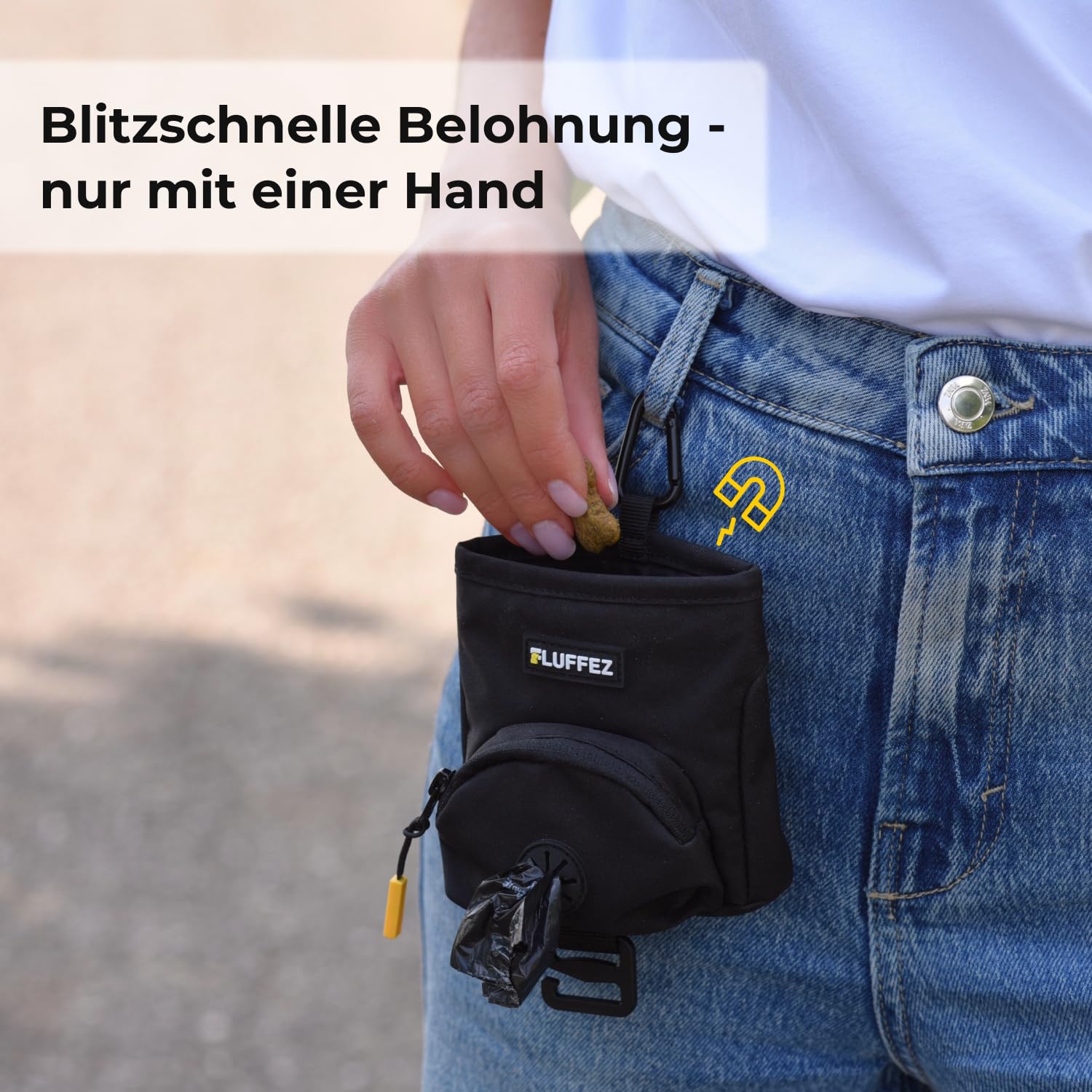 kleine Leckerlibeutel mit Kotbeutelspender – Magnetverschluss, Karabiner & Klett – kompakte Leckerlitasche für Hunde – Ideal für Hundetraining & Spaziergänge
