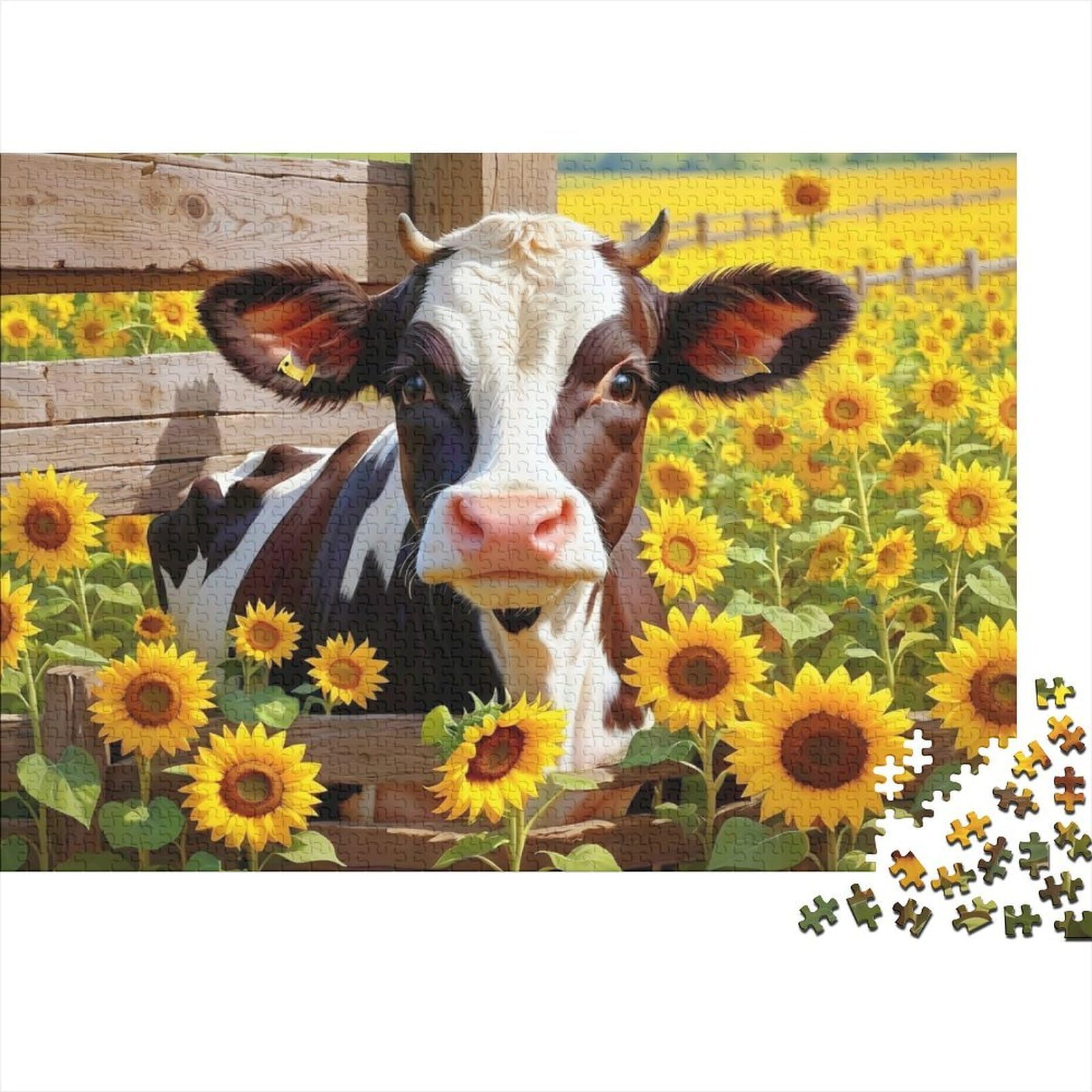 Cow Sunflower Field Scene Puzzle 1000 Piece Jigsaw Puzzle for Adults Family Relaxation Gift 70x50cm/1000pcs