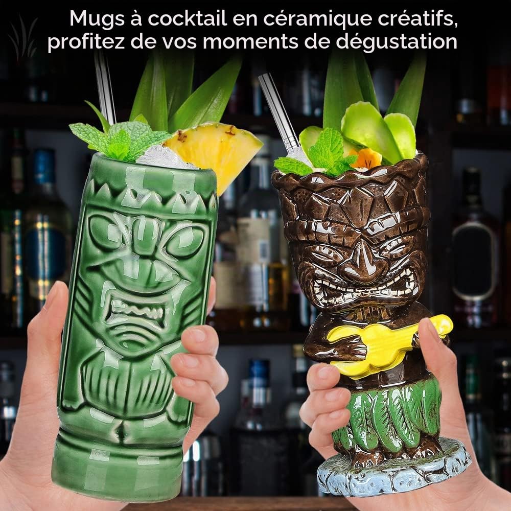 Lot de 4 Verres Tiki en Céramique pour Cocktails - Tasses Tropicales Hawaïennes pour Fête Créative, Grand Bar - Qualité Supérieure