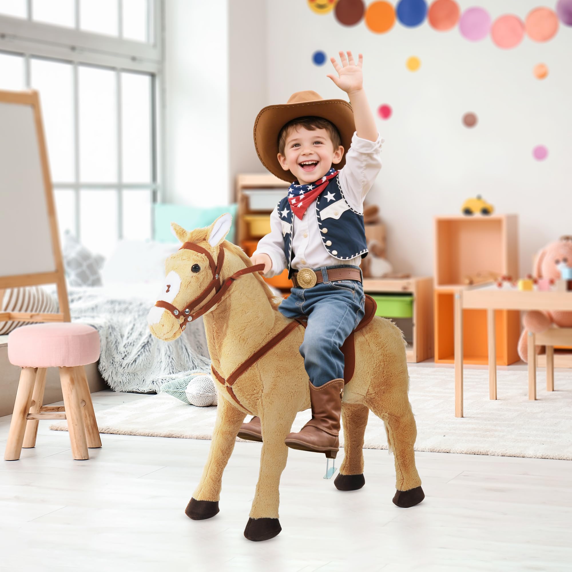 HOMCOM Caballo de Juguete para Niños de +2 Años Caballo de Juguete con Sonidos y Estructura de Metal Carga 60kg 85x28x60 cm Beige