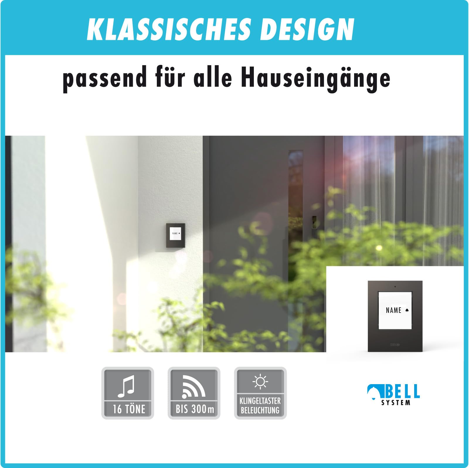m-e Funkklingel BELL-531 Anthrazit mit Sender und Empfänger für 1-Familienhaus | Erweiterbare kabellose Türklingel mit 300 Meter Reichweite | Türglocke für Batteriebetrieb