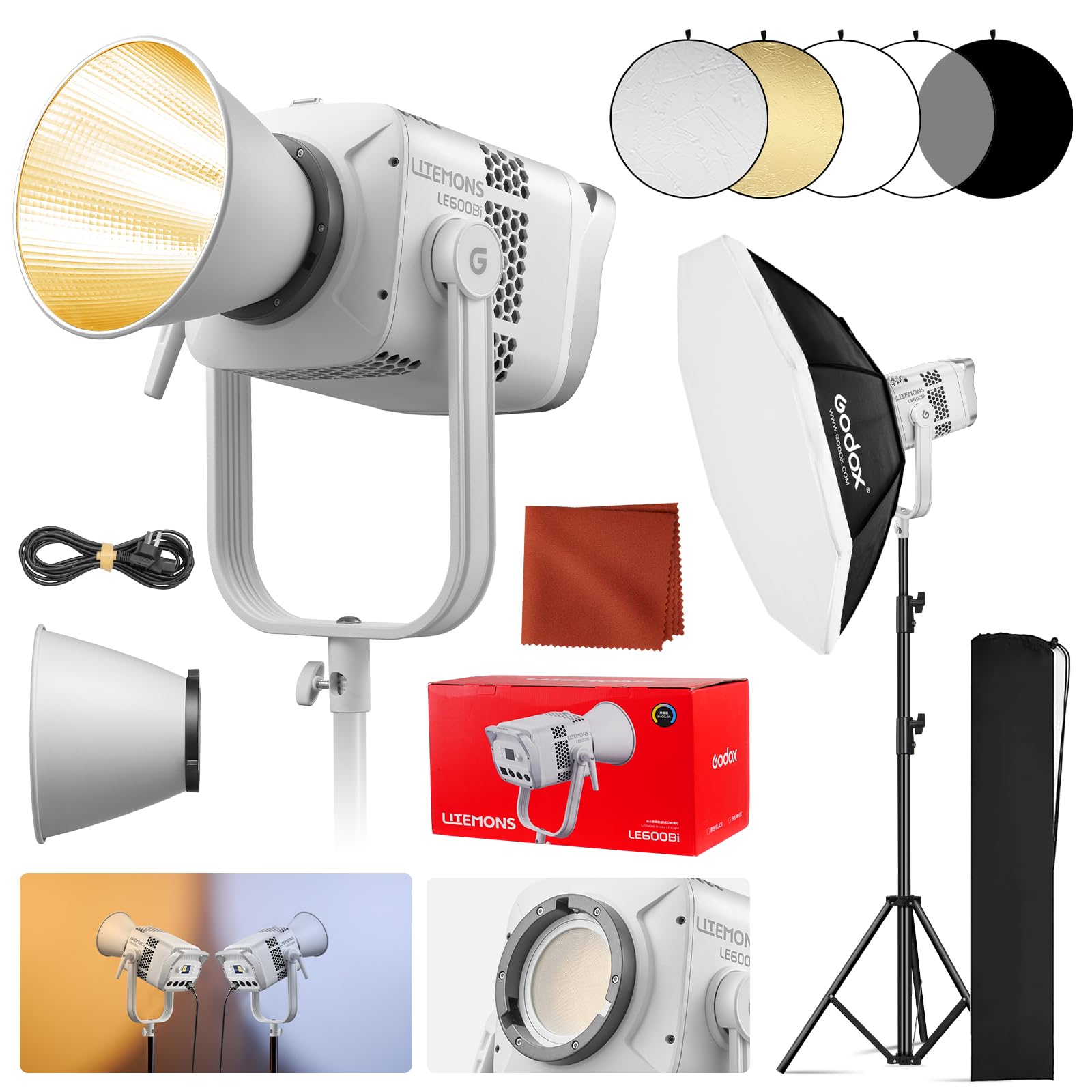 Godox Litemons LE600Bi LE600 Bi Luz Continua LED Video Light Kit 620W 2800K~6500K CCT TLCI/CRI≈98 Control Bluetooth 11 Efectos FX con Montura Bowens Luz de Vídeo para Vlogging,Youtube(Blanco)