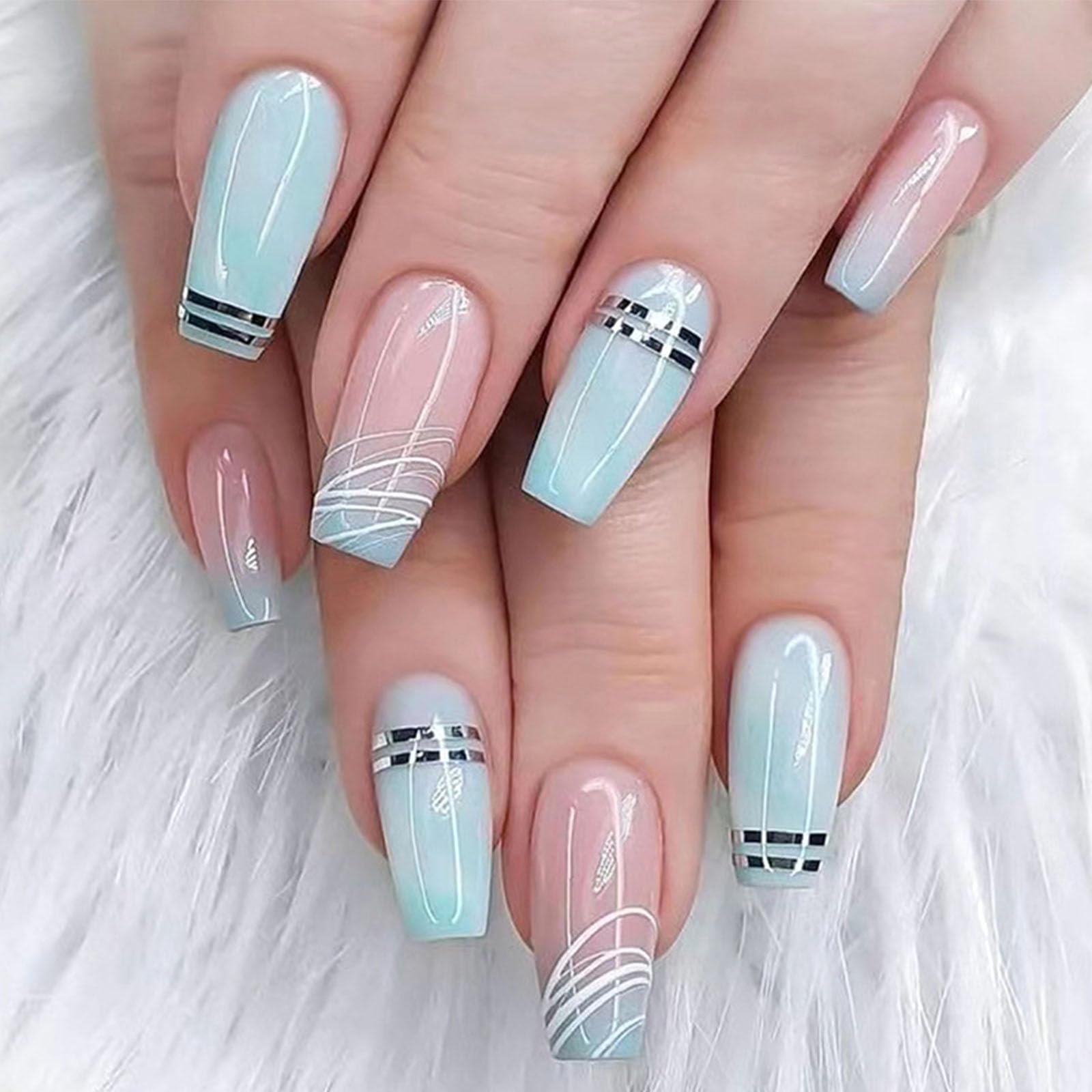 Coffin Press On Nails - Medium, Fake, Acrylic & Stick On - White, Silver, Light Green, Translucent, Light Pink Ombre - 24Pcs