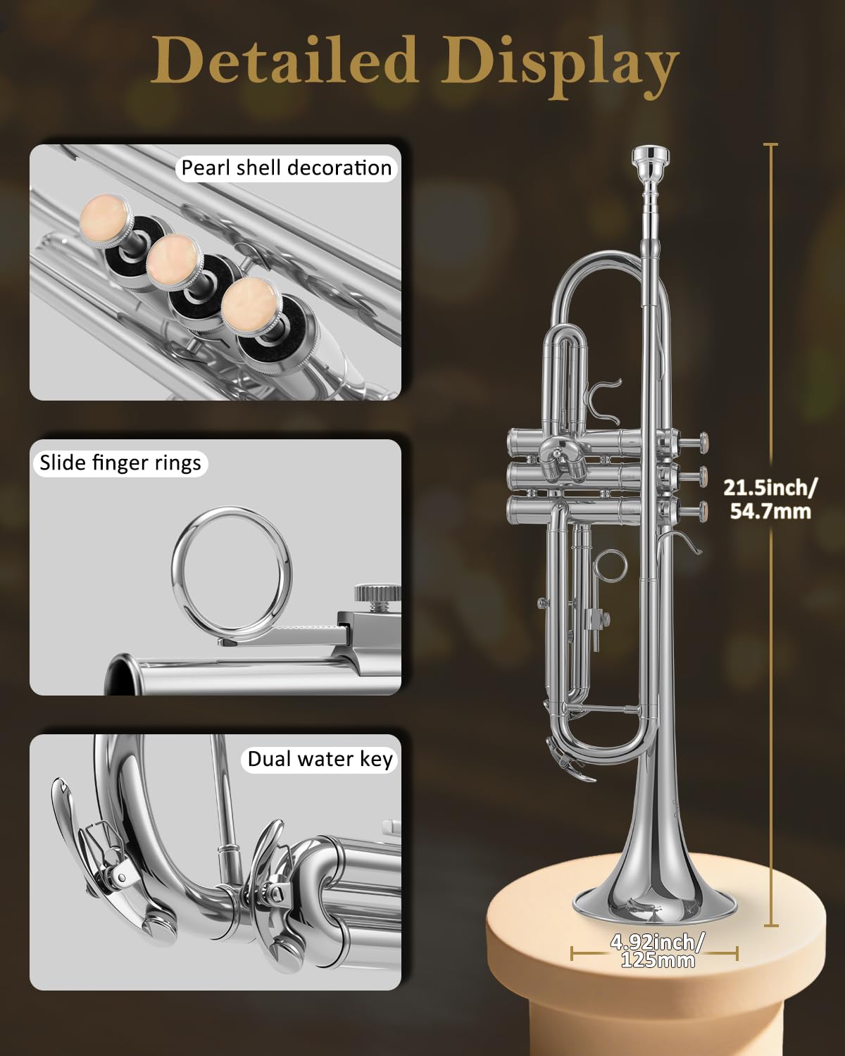 STRICH Bb Standard-Trompeten-Set für Anfänger, Blechblasinstrument für Schüler mit Hartschalenkoffer, Reinigungsset, Mundstücken 7C und 3C, Handschuhen – STR-1S, Silber