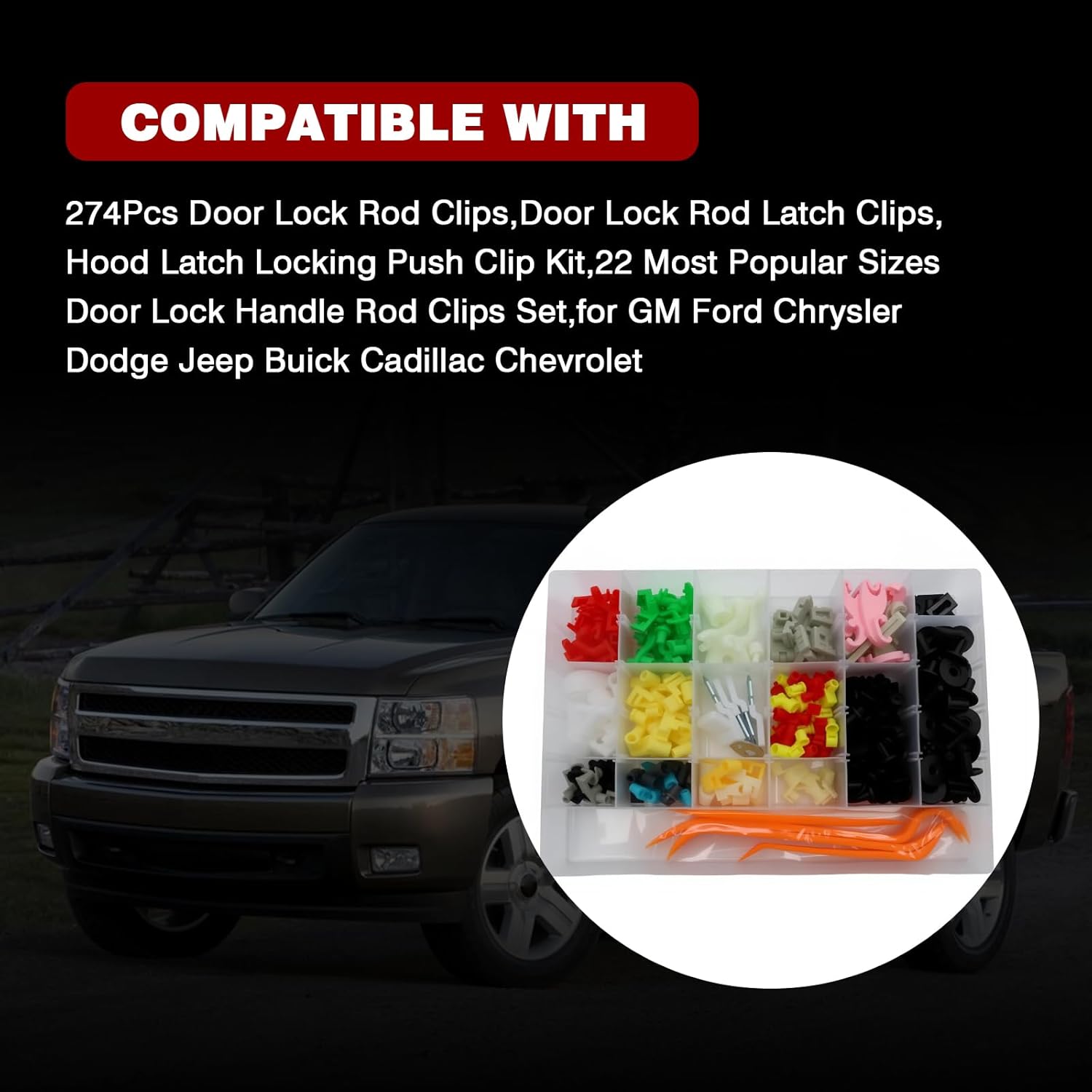 274Pcs Door Lock Rod Clips,Door Lock Rod Latch Clips,Hood Latch Locking Push Clip Kit,22 Most Popular Sizes Door Lock Handle Rod Clips Set,for GM Ford Chrysler Dodge Jeep Buick Cadillac Chevrolet