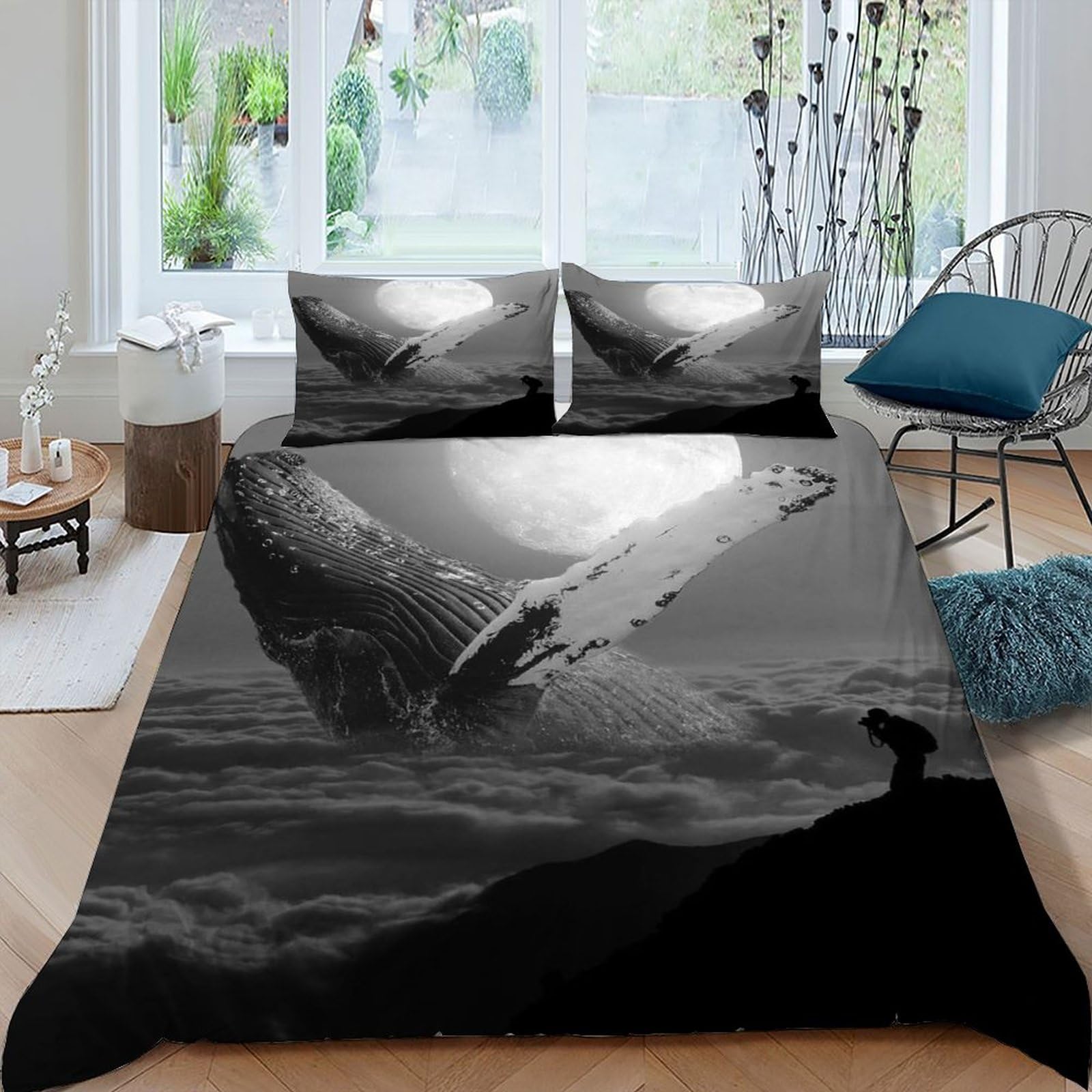 Housse de couette 220x240 cm Blue Baleine microfibre lit adulte 3 pièces sauvage