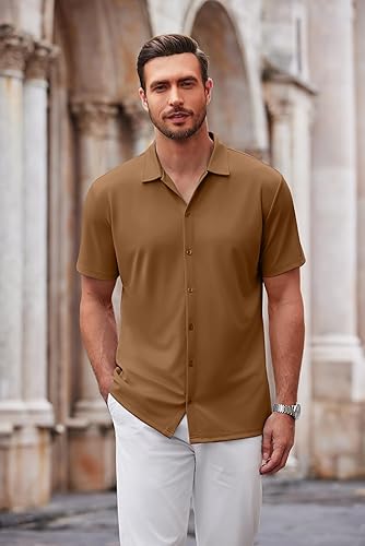 Miniatura 56 de COOFANDY Camisa casual con botones para hombre, manga corta, sin arrugas, camisa de verano