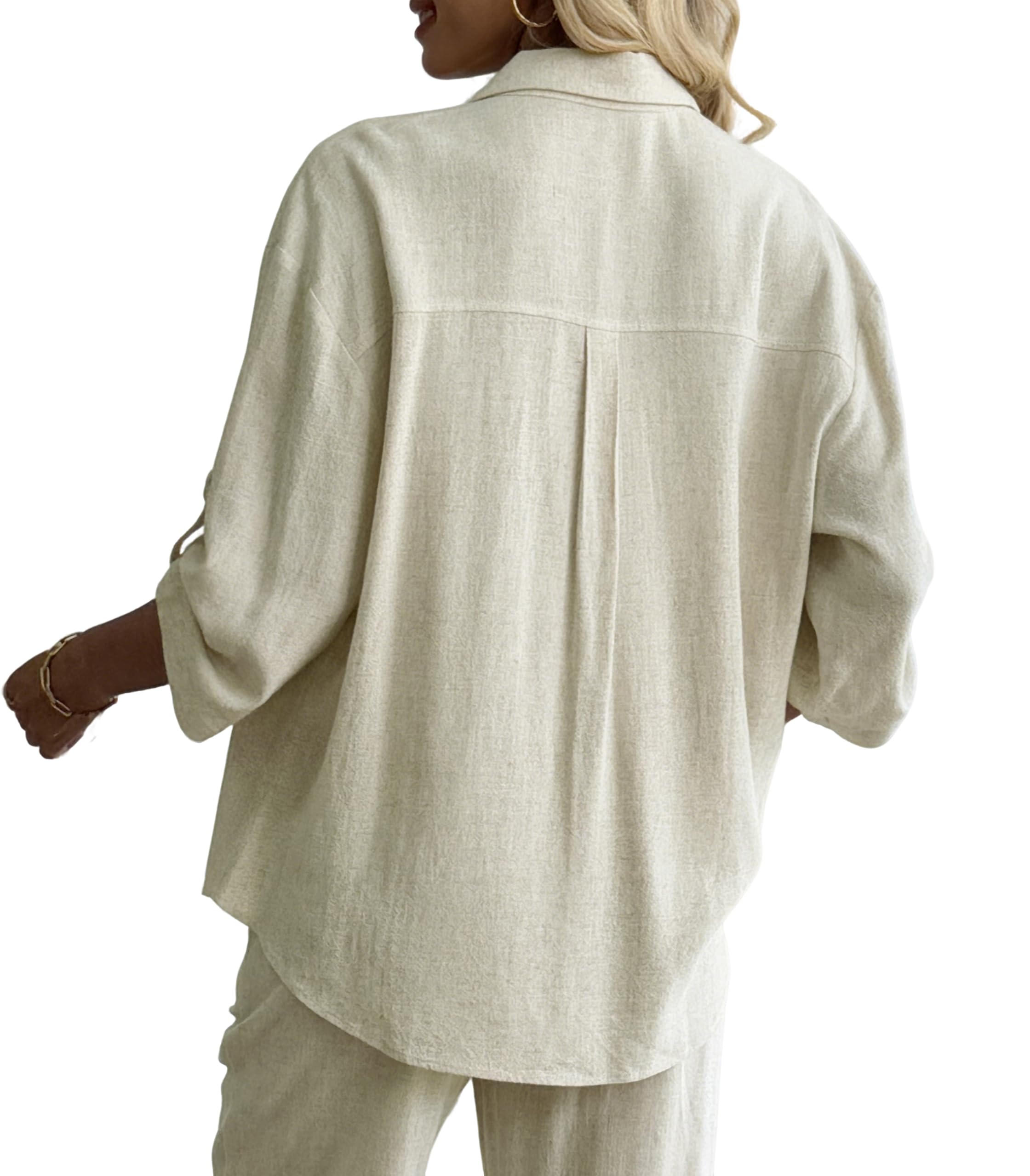 Chemise boutonnée en coton et lin à manches 3/4 pour femme, chemisier ample décontracté à col surdimensionné